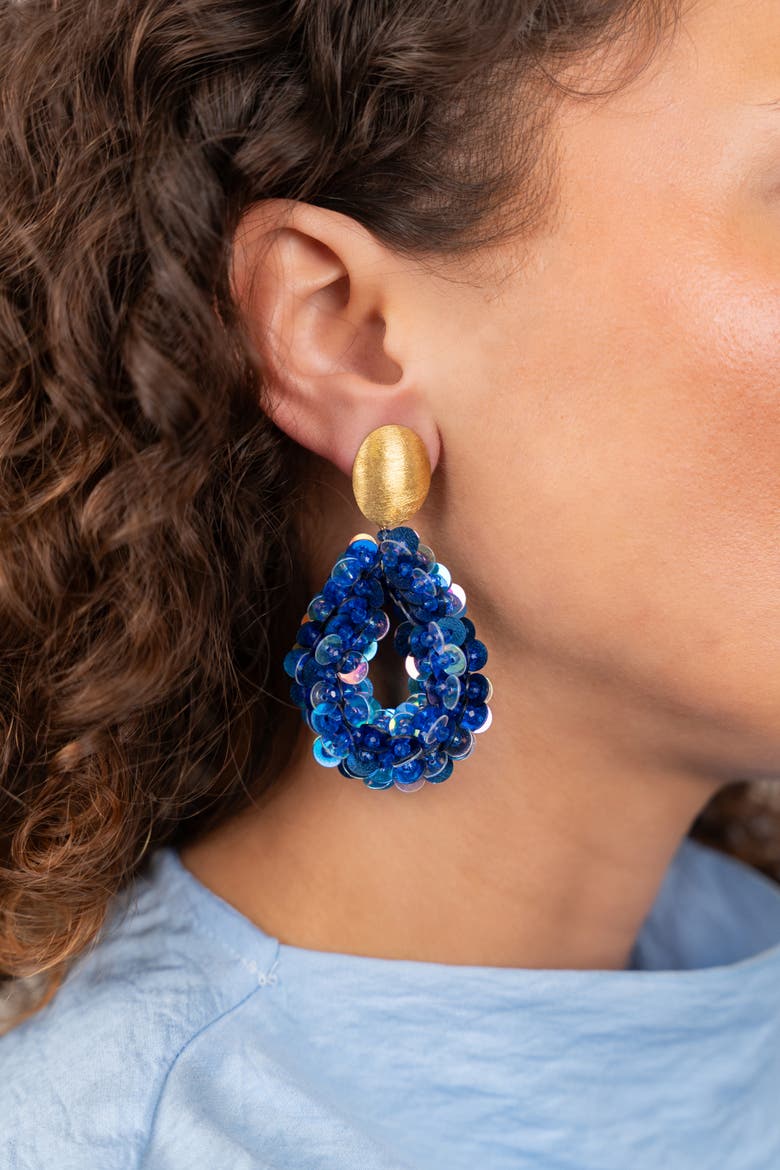 Sequin Drop Statement Earrings in Ocean Mix, Alternate, color, Blue