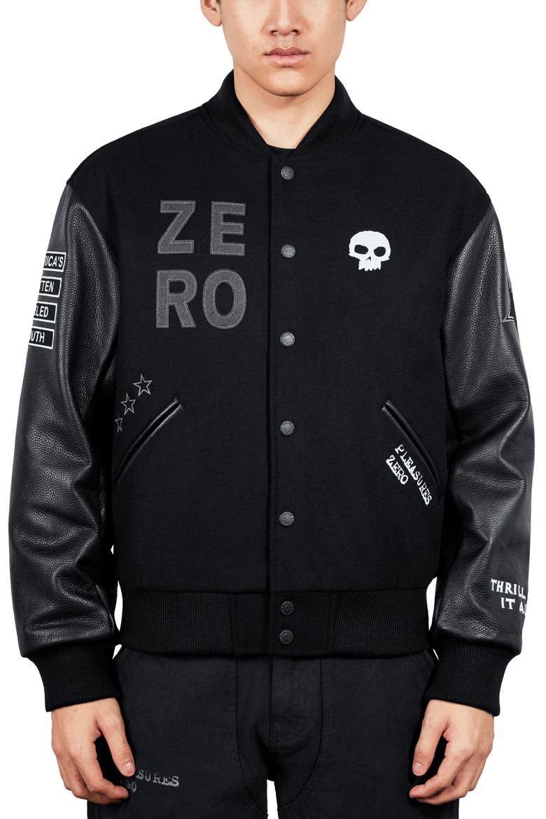 X Zero Skateboards Pleasures Varsity Jacket, Main, color, BLACK
