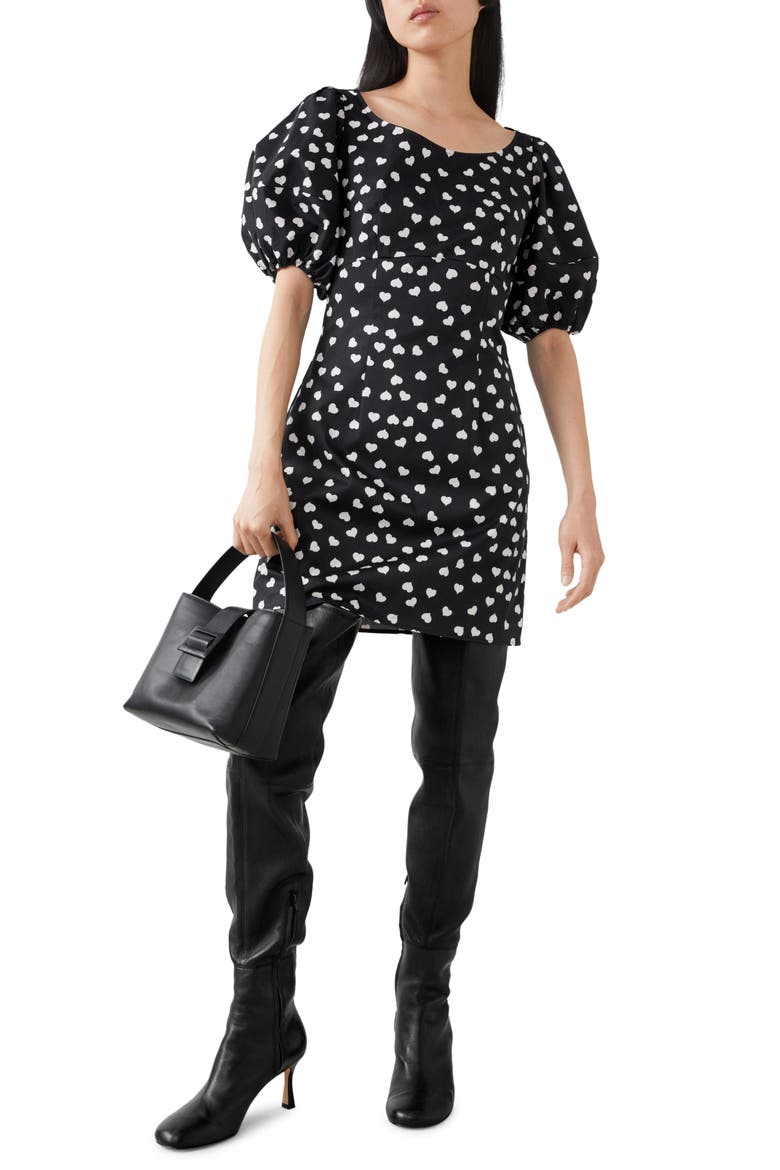 Heart Print Puff Sleeve Stretch Cotton Minidress, Main, color, BLACK W. DOTS