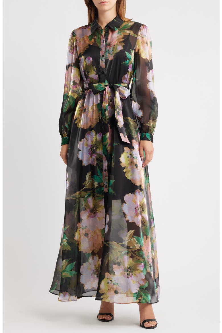 Floral Long Sleeve Shirtdress Gown, Main, color, BLACK MULTI