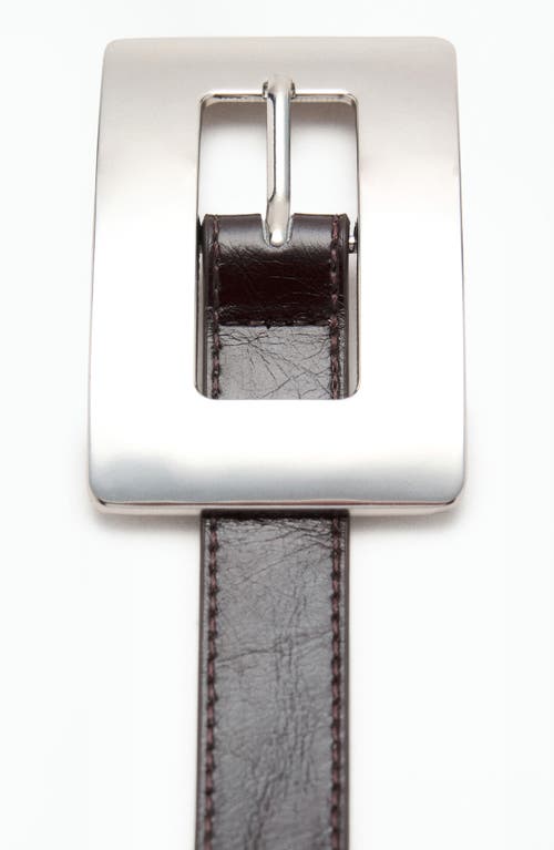Mango Faux Leather Belt With Oversized Rectangle Silver-tone Buckle In Brown