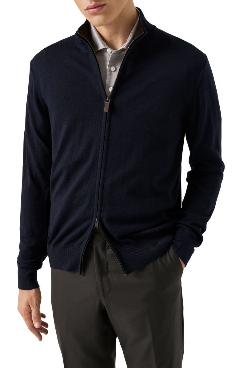 Eton Front Zip Merino Wool Cardigan, Main, color, Navy