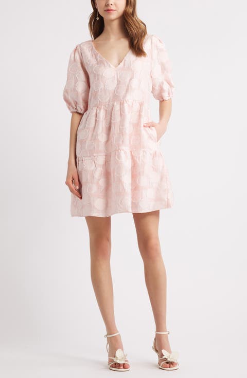 Puff Sleeve Jacquard Tiered Minidress