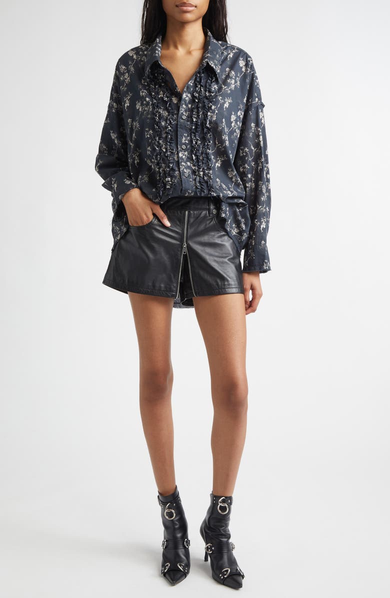 R13 Front Zip Leather Skort, Alternate, color, Black