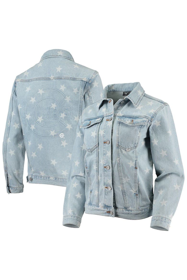 Women's The Wild Collective Chicago Cubs Allover Print Button-Up Denim Jacket, Main, color, Denim