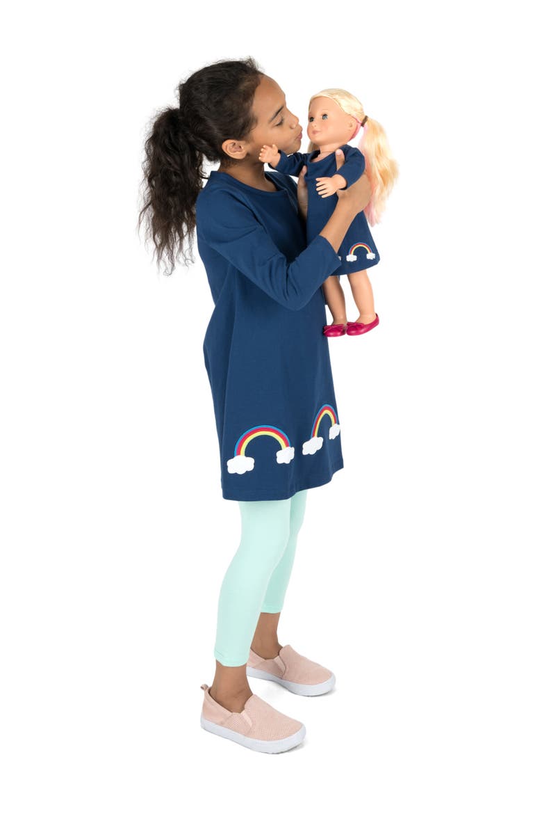 Girls Cotton Dress with Matching Doll Dress, Printed Design, Alternate, color, RAINBOW