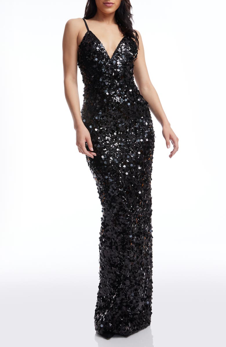 Dress the Population Cammie Paillette Sleeveless Gown, Main, color, Black