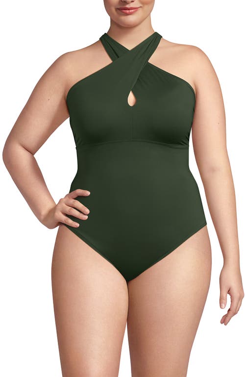 Lands' End Criss Cross Halter One Piece Swimsuit In Rich Olive Green
