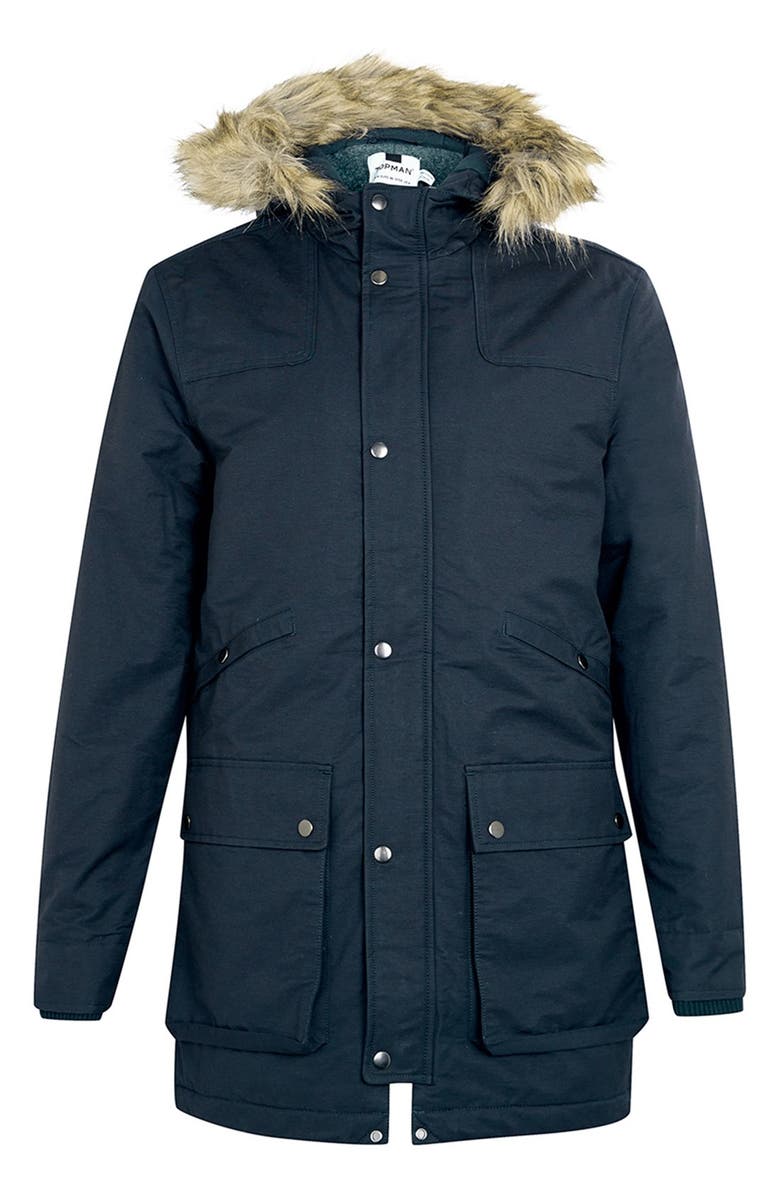 Topman Navy Heavyweight Fishtail Parka with Faux Fur Trimmed Hood, Alternate, color,