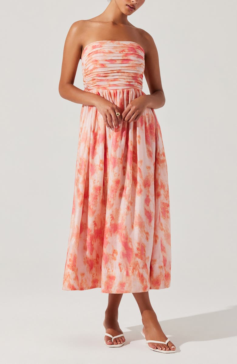ASTR the Label Aneesha Tie Dye Bow Back Strapless Midi Dress, Alternate, color, Coral Tie Dye