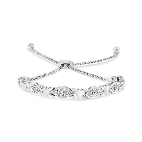 Silver Diamond Accent Alternating Marquise Shape and Heart Links Bolo Bracelet