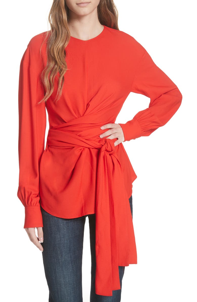 DVF Long Sleeve Wrap Front Stretch Crepe Blouse, Main, color,