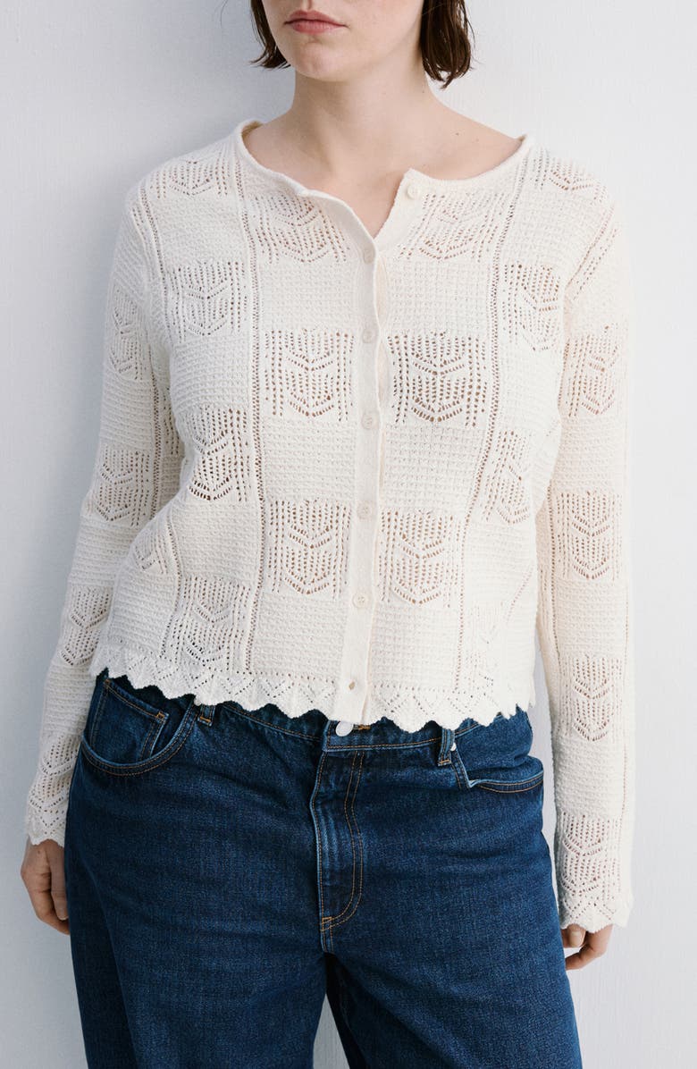 MANGO Pointelle Crop Cotton Blend Cardigan, Alternate, color,