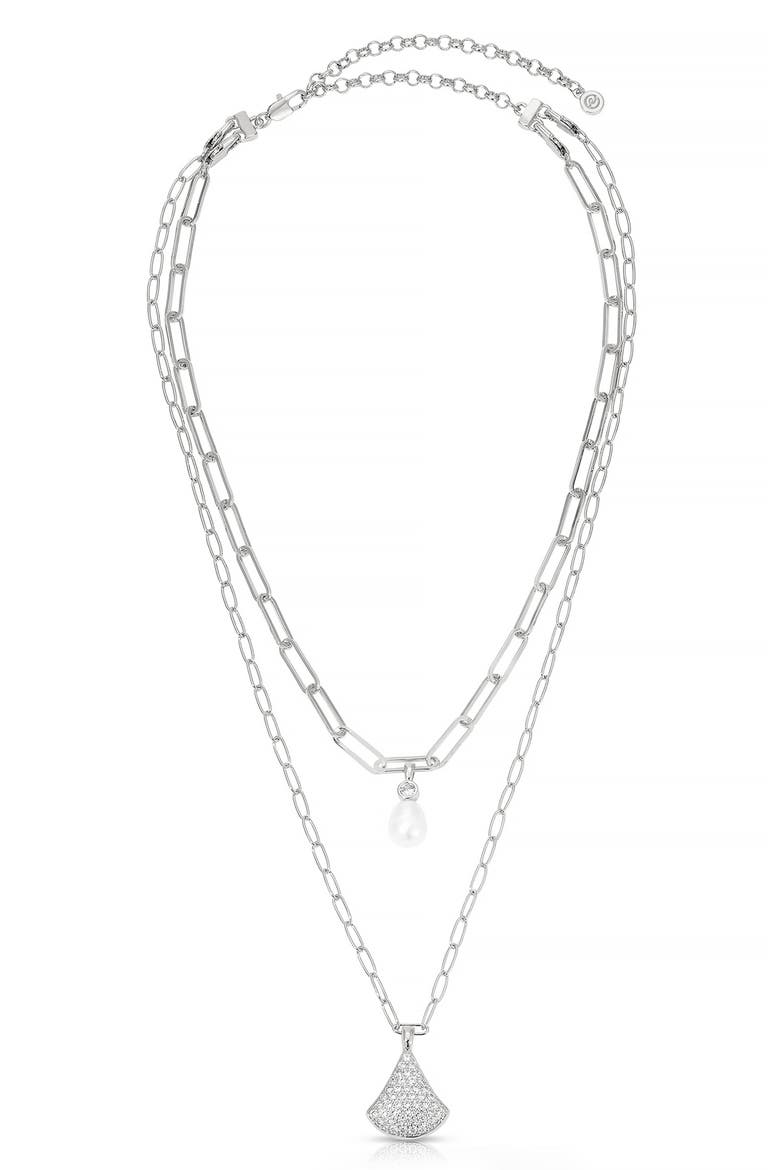 Layered Teardrop & Freshwater Pearl Charm Necklace, Alternate, color, SILVER