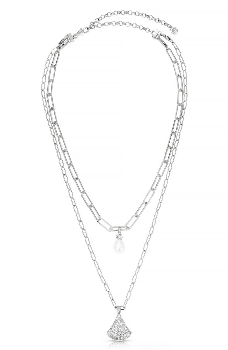 Ettika Layered Teardrop & Freshwater Pearl Charm Necklace, Alternate, color, Silver