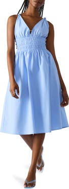 Steve Madden Kassie Bead Detail Smock Waist Cotton Midi Dress