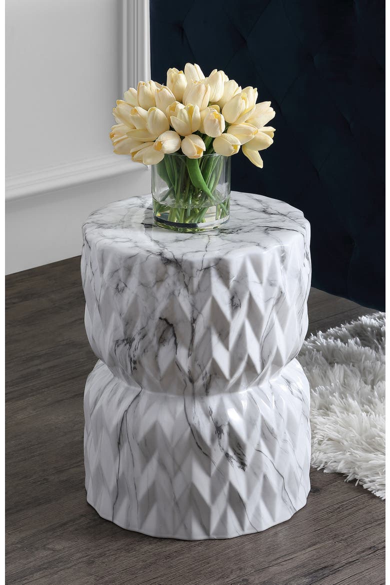 Chevron Drum Traditional Marble Finish Ceramic Drum Garden Stool, Pierced Indoor/Outdoor Patio Seat & Side Table, Alternate, color, White Marble Finish