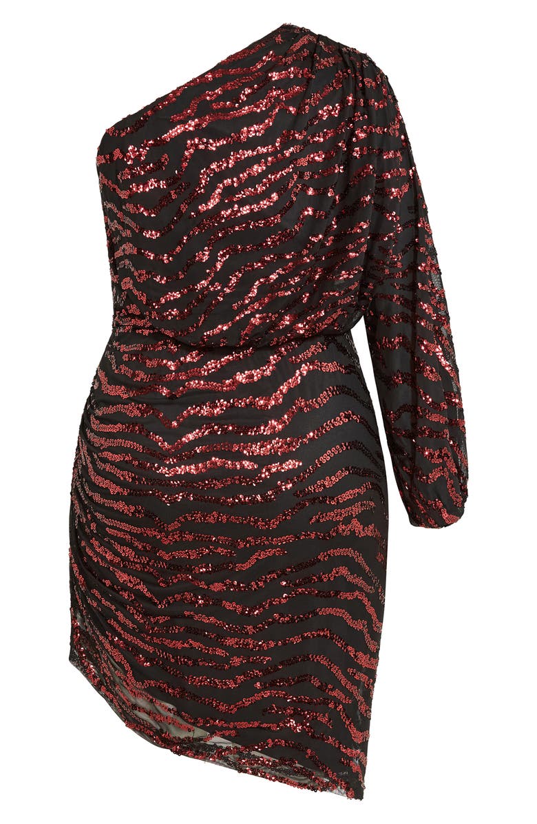 City Chic Sequin Stripe One-Shoulder Long Sleeve Dress, Alternate, color, Ruby