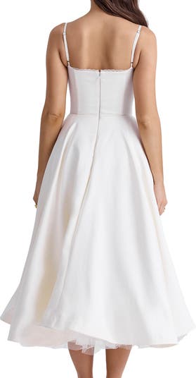 Mademoiselle Bustier Stretch Satin Midi Cocktail Dress