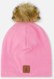Deux par Deux Jersey Lined Faux Fur Pompom Hat