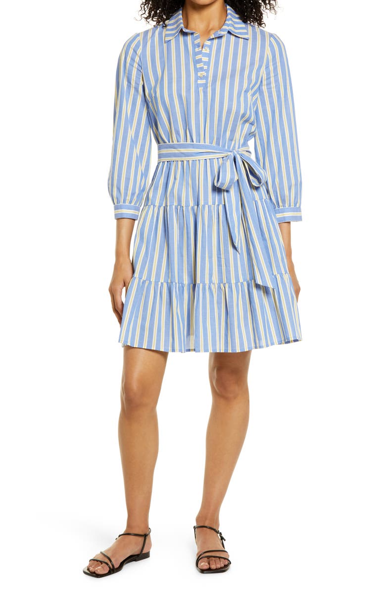 Eliza J Stripe Belted Shirtdress, Main, color, Blue
