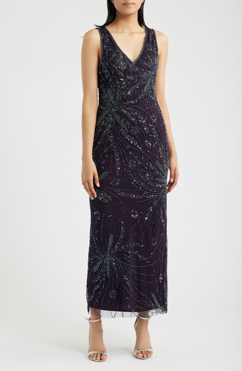 Star Burst Beaded Sleeveless Gown