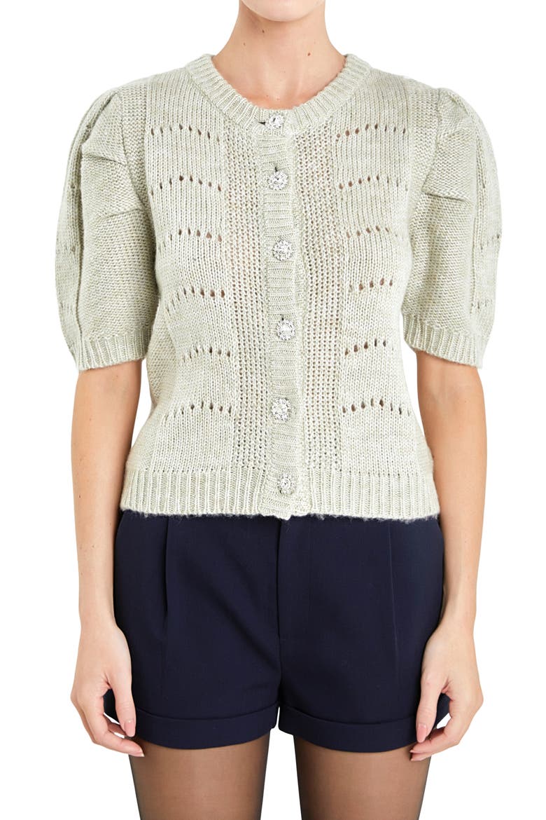 Pointelle Puff Sleeve Cardigan, Alternate, color, GREEN