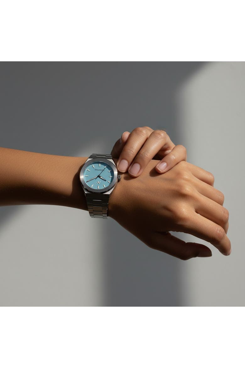 Elevate Link Denim Blue Swiss Bracelet Watch, 42MM, Alternate, color, Hushed Silver/Blue Azurite