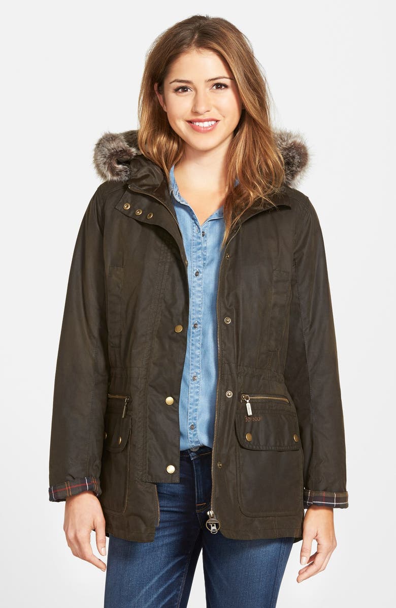 Barbour Kelsall Faux Fur & Faux Shearling Trim Waxed Cotton Parka, Main, color, Olive