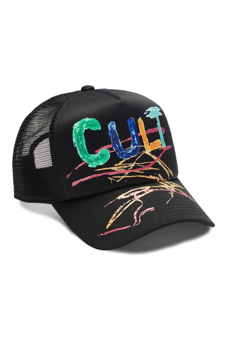Hand Drawn Logo Trucker Hat, Main, color, BLACK