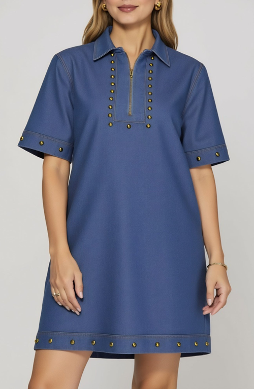 Modenaire Denim Studded Half Zip Mini Dress With Collar And Short Sleeves