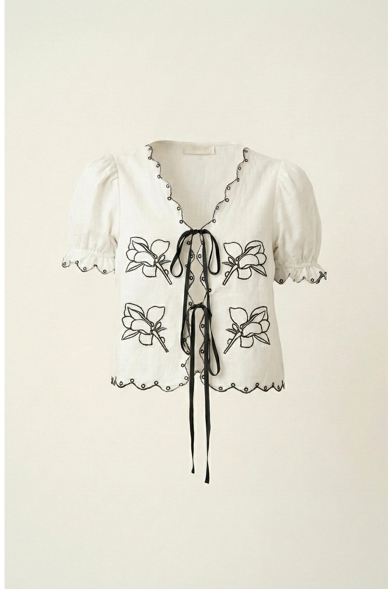 Puff Sleeve Embroidered Front Tie Blouse, Alternate, color, Off-White / Black