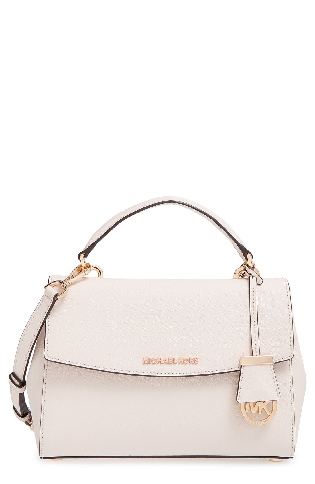 'Small Ava' Saffiano Leather Satchel, Main, color, ECRU/ GOLD