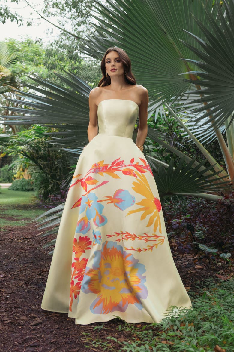 Women’s Strapless Floral Printed Mikado Ball Gown, Alternate, color, Butter Multi