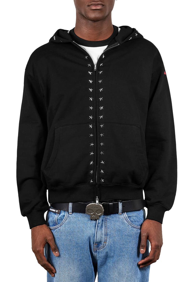 X Zero Skateboards Dane Studded Relaxed Fit Cotton Hoodie, Main, color, BLACK