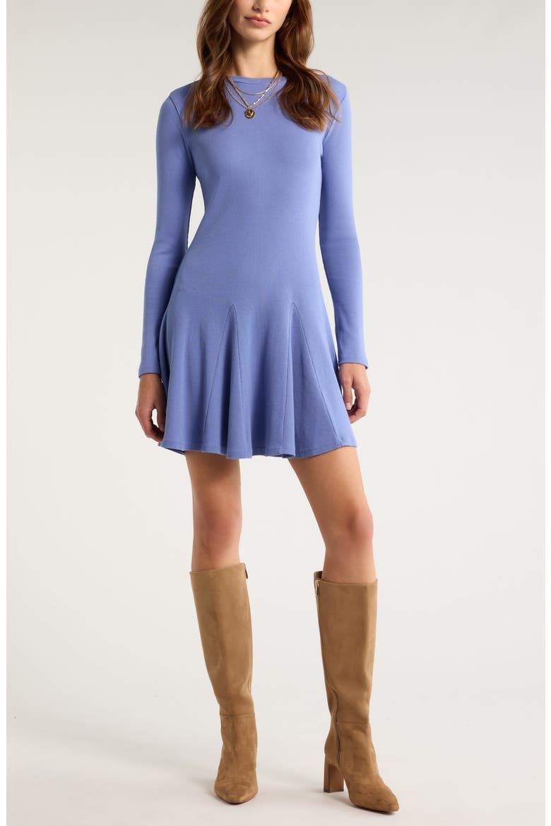 Long Sleeve Fit & Flare Minidress, Main, color, BLUE DENIM