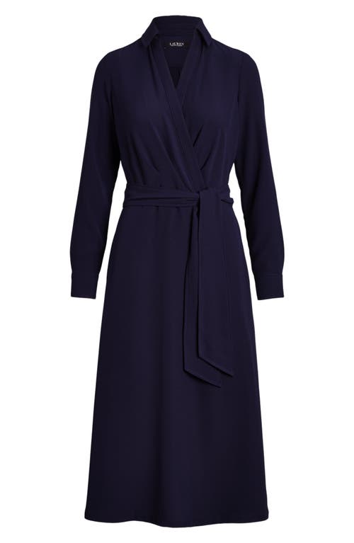 Shop Ralph Lauren Lauren  Surplice Long Sleeve Georgette Midi Dress In Lighthouse Navy
