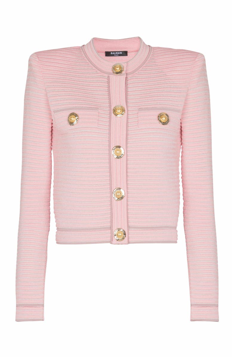Balmain Long-Sleeved Textured Knit Cardigan, Alternate, color, Pink