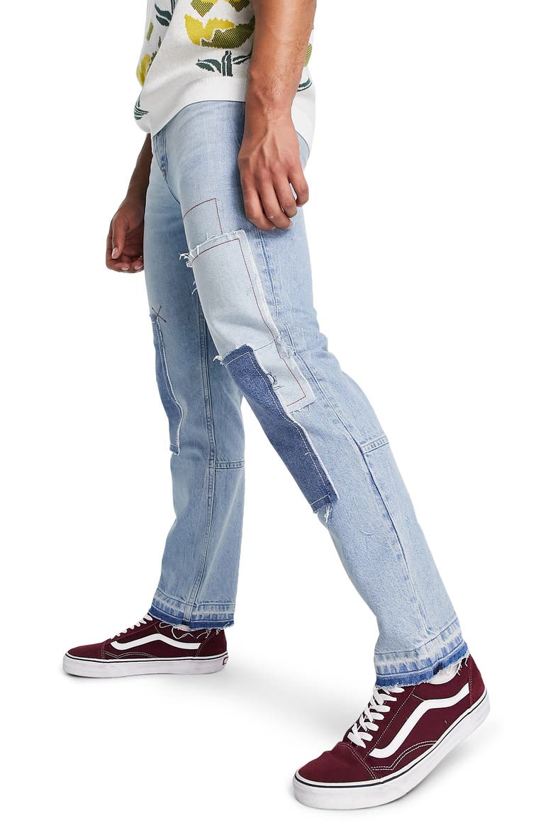 Patchwork Straight Jeans, Alternate, color, MID BLUE