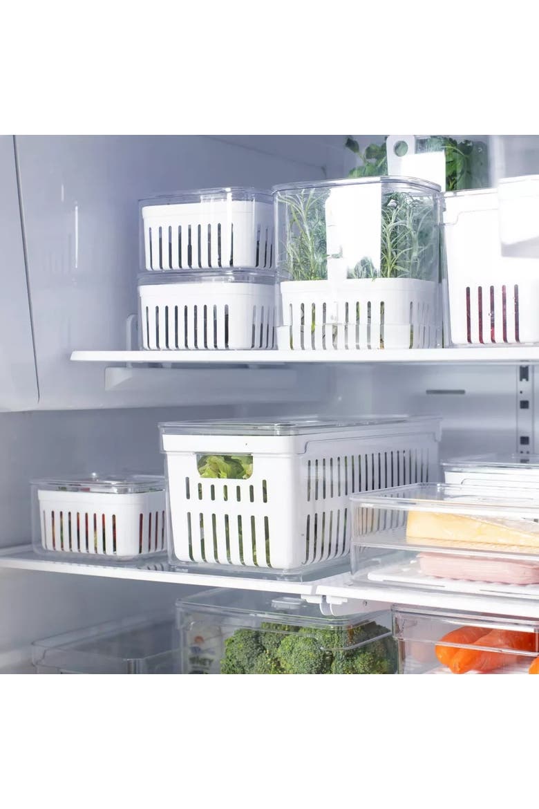 Clear Stackable Fridge Organizer Bin with Drain Basket and Vented Lid, 5.3 Quart Capacity, Alternate, color, Clear with White Drainer