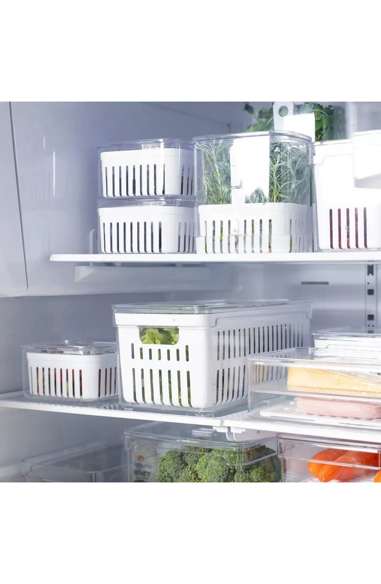 OU Clear Stackable Fridge Organizer Bin with Drain Basket and Vented Lid, 4 Pack, Alternate, color, Clear With White Drainer