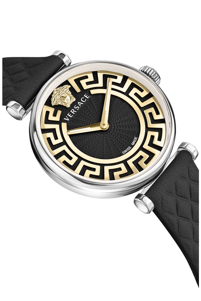 Greca Chic Leather Strap Watch, 35mm, Alternate, color, STAINLESS STEEL