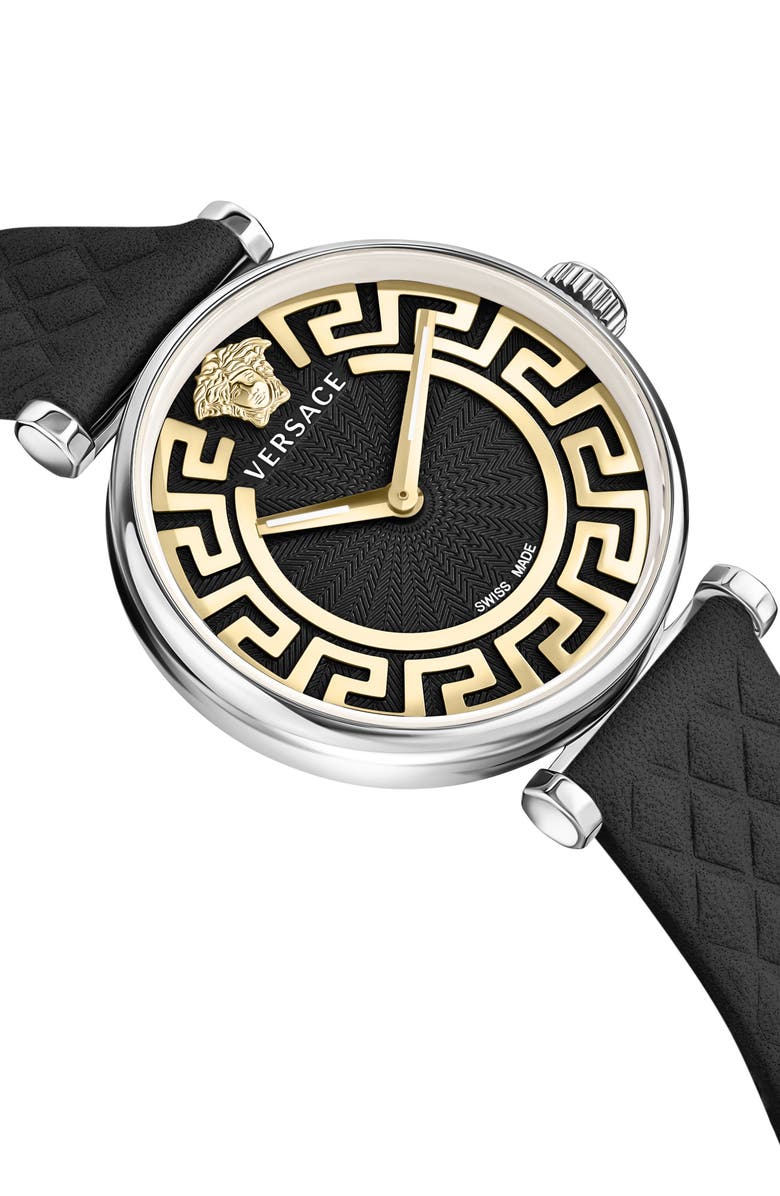 Versace Greca Chic Leather Strap Watch, 35mm, Alternate, color, Stainless Steel