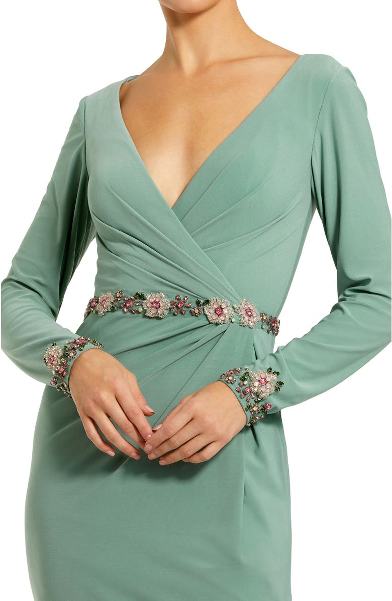 Mac Duggal Jersey Long Sleeve V Neck Gown With Beaded Belt, Alternate, color, Sage