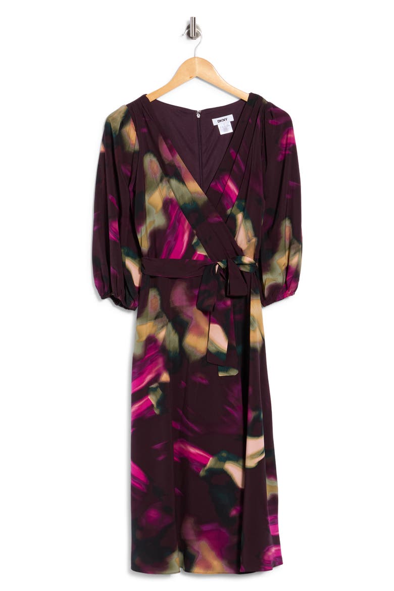 Balloon Sleeve Faux Wrap Dress, Alternate, color, AUBERGIN M