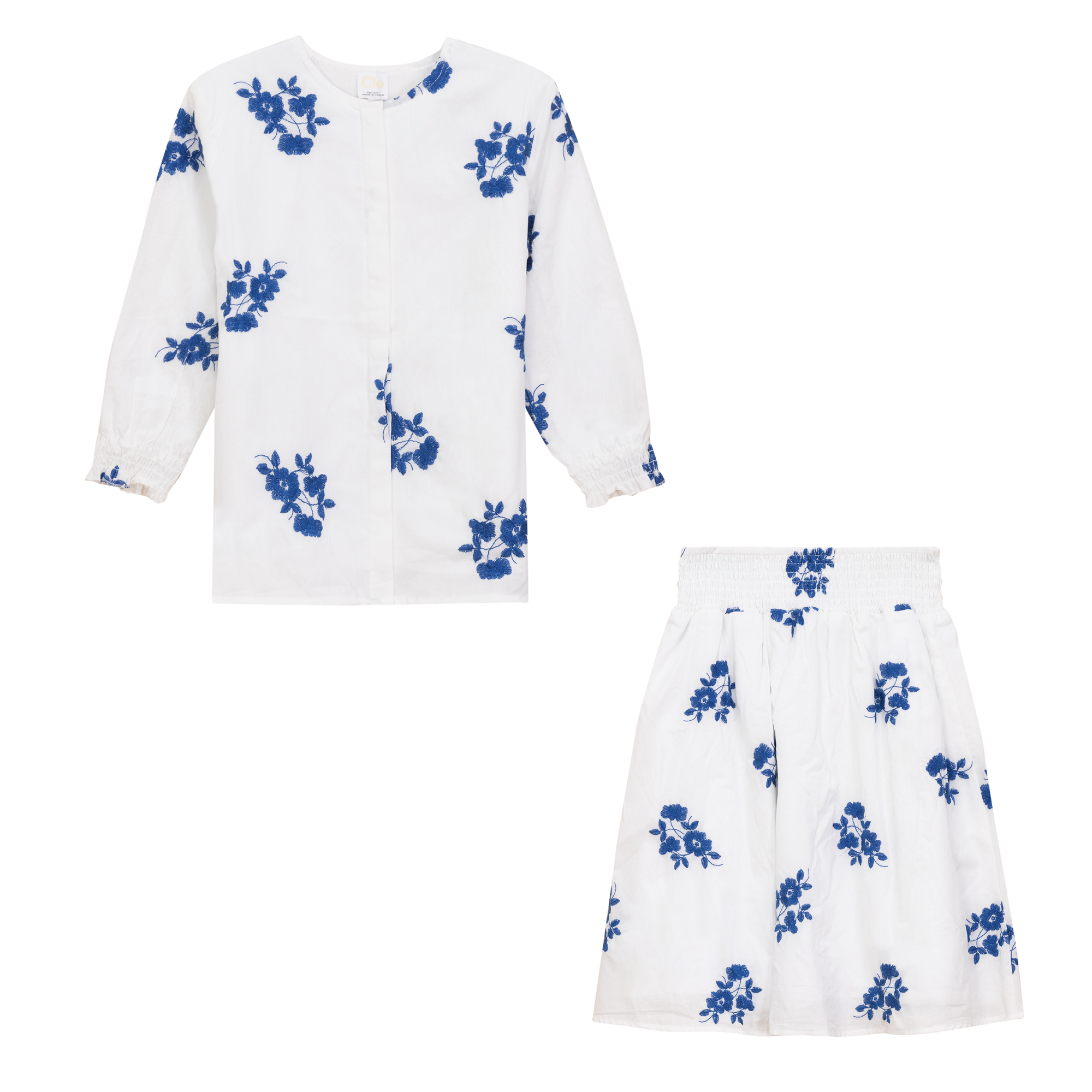 Clo Kids' Clô Flower Embroidered Cotton 2 Piece Long Sleeve Top And Skirt Set In Royal