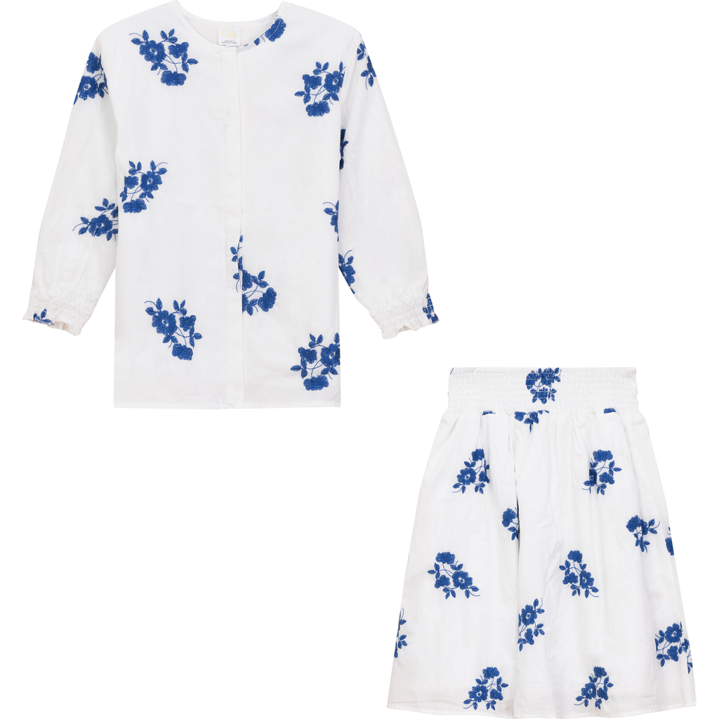 Clo Kids' Clô Flower Embroidered Cotton 2 Piece Long Sleeve Top And Skirt Set In Royal