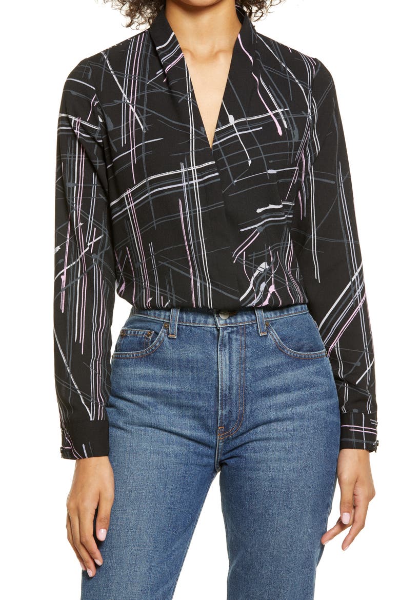 Halogen V-Neck Top, Main, color, BLACK MULTI PLAID