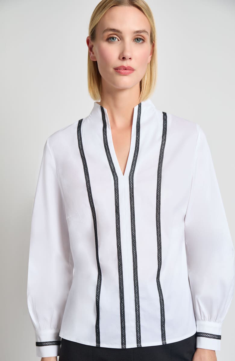 Misook Heritage Fit Ribbon Trim Cotton Blend Top, Alternate, color, Black/ White