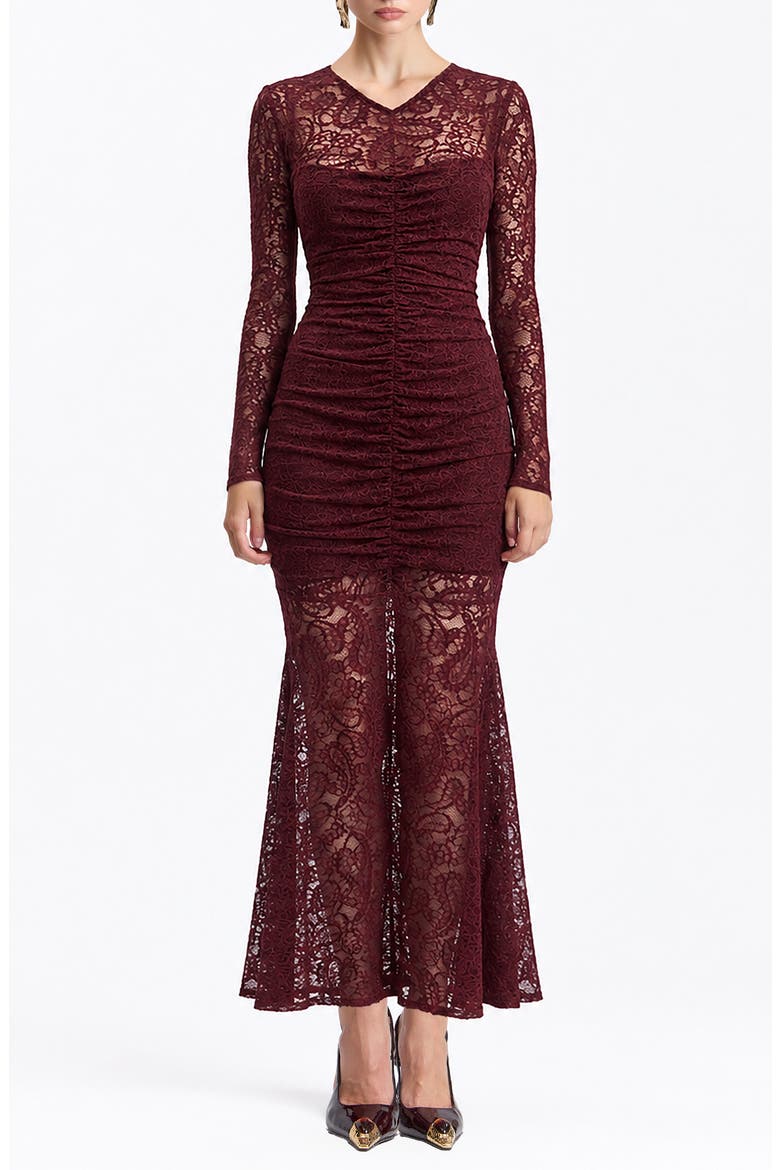 Shirred Lace Maxi Dress, Main, color, WINE